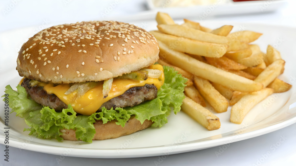 Delicious Cheeseburger and French Fries on a White Plate Delicious Cheeseburger and French Fries on a White Plate