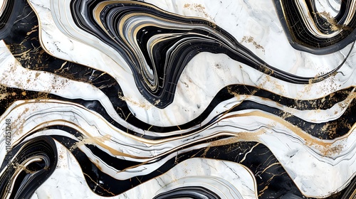 A modern marble wallpaper with swirling black and white patterns accented by gold veins