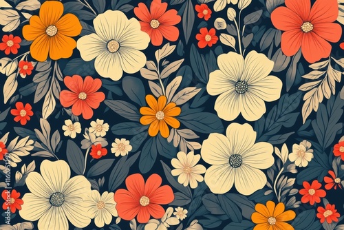 Wallpaper Mural Abstract Floral Pattern with Orange, Red, and White Flowers on a Dark Background Torontodigital.ca