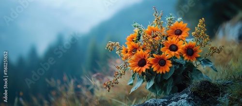 Fresh vibrant sunflower bouquet in nature with space for text showcasing the beauty of summer flora and peaceful outdoor scenery photo