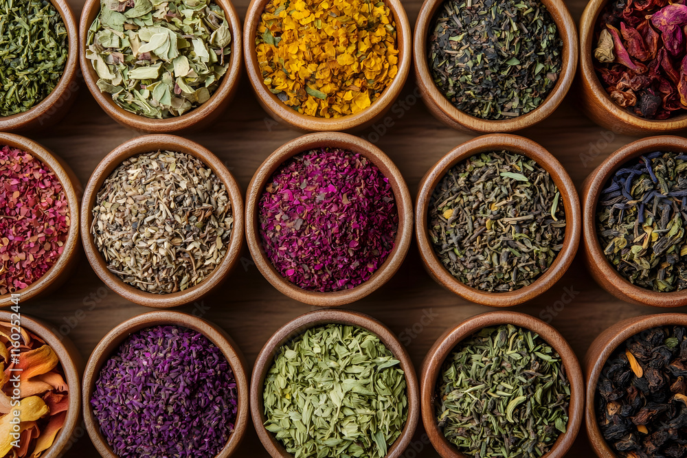 Variety of Dried Herbs in Wooden Bowls for Culinary and Medicinal Use : Generative AI Variety of Dried Herbs in Wooden Bowls for Culinary and Medicinal Use : Generative AI