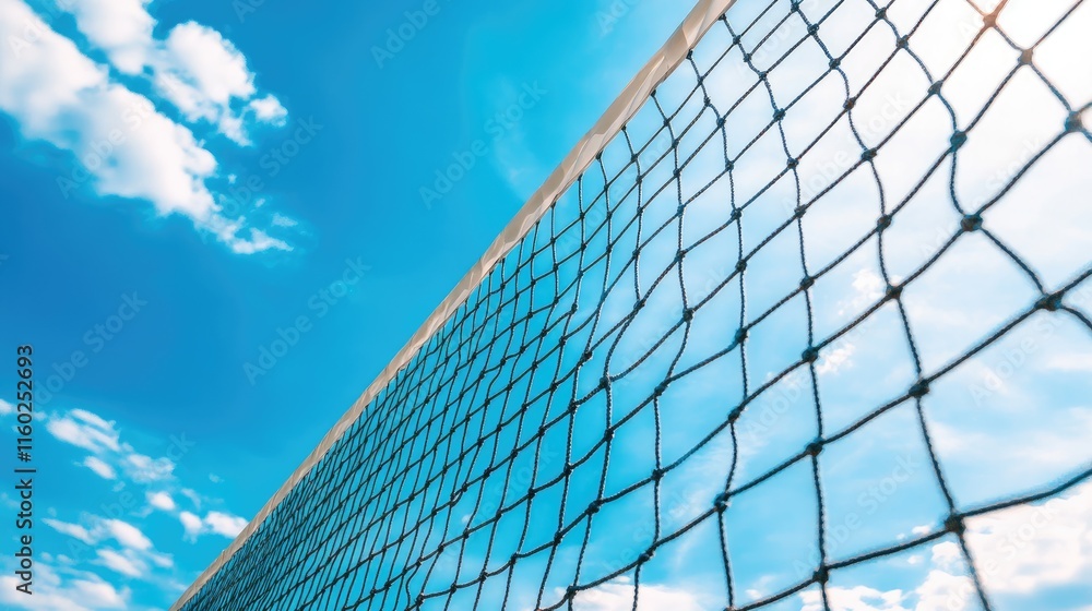 Volleyball Net Under Clear Blue Sky with White Clouds Ideal for Sports and Outdoor Activity Themes Volleyball Net Under Clear Blue Sky with White Clouds Ideal for Sports and Outdoor Activity Themes