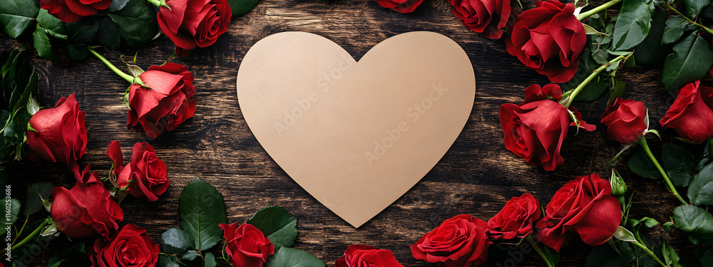 A large heart-shaped blank cardboard mockup surrounded by red roses on the table. Happy Valentine banner background. A large heart-shaped blank cardboard mockup surrounded by red roses on the table. Happy Valentine banner background.