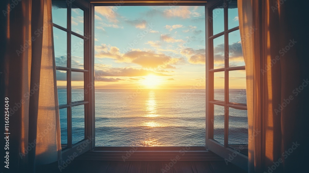 Cozy room with a scenic seaside view at sunrise showcasing light streaming through wide open windows overlooking the tranquil ocean. Cozy room with a scenic seaside view at sunrise showcasing light streaming through wide open windows overlooking the tranquil ocean.
