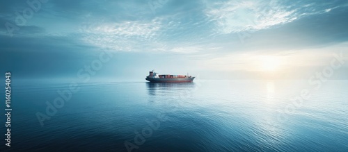 Fototapeta Naklejka Na Ścianę i Meble -  Cargo ship transporting containers on calm water with dramatic sky and copy space for text on serene oceanic backdrop