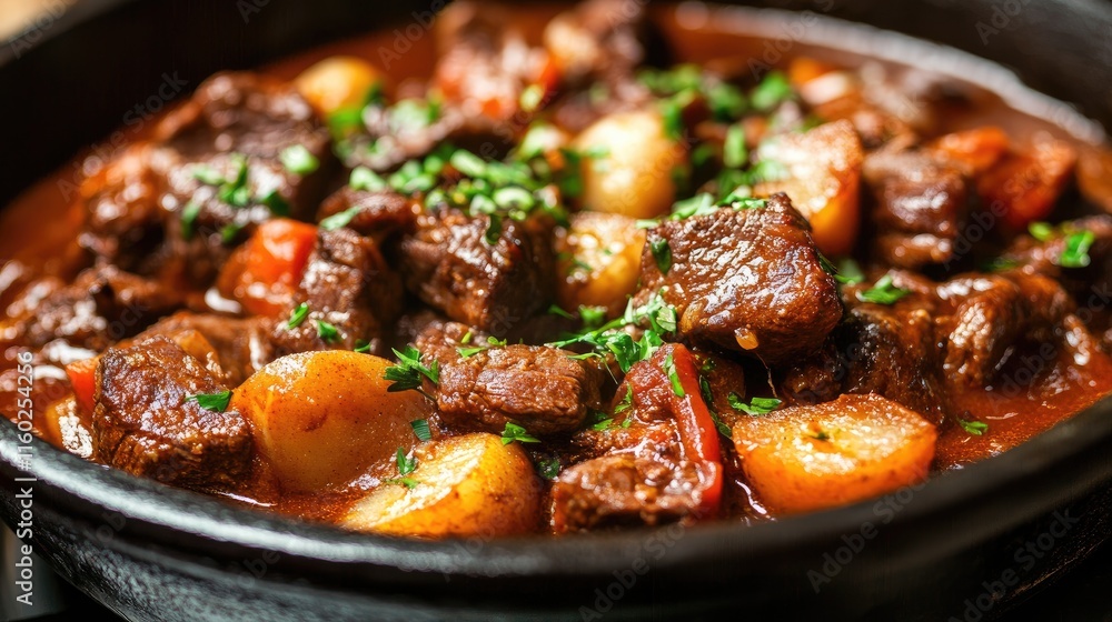 Savory seasoned beef stew with vegetables in a rustic French traditional dish served in a cast iron pot Savory seasoned beef stew with vegetables in a rustic French traditional dish served in a cast iron pot