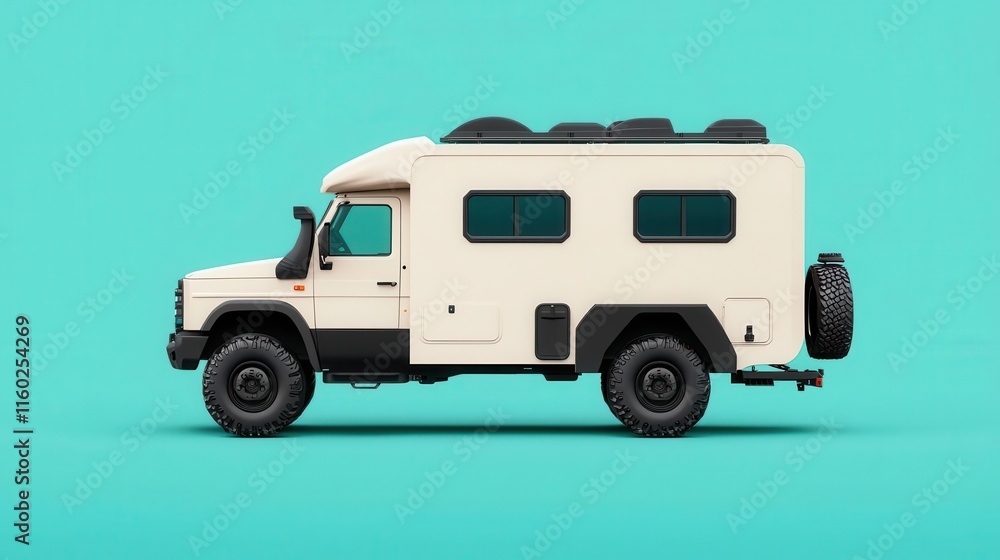A rugged expedition RV blueprint with oversized tires and reinforced exterior A rugged expedition RV blueprint with oversized tires and reinforced exterior