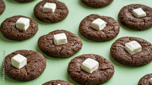 Wallpaper Mural Chocolate cookies topped with soft green marshmallow pieces on a light green background creating a vibrant dessert display. Torontodigital.ca