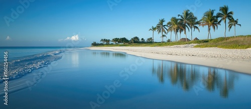 Fototapeta Naklejka Na Ścianę i Meble -  Caribbean Beach Landscape with Reflective Calm Ocean and Lush Palm Trees Under Clear Blue Sky Perfect for Vacation Themes
