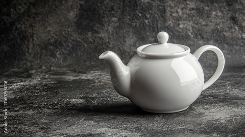 Elegant white teapot placed on a textured dark stone background ideal for contemporary kitchen or lifestyle related compositions. photo