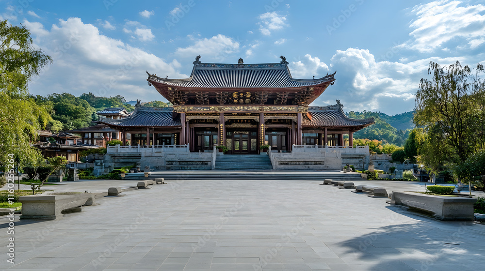 Serene Asian Temple Amidst Lush Nature Under Blue Skies : Generative AI Serene Asian Temple Amidst Lush Nature Under Blue Skies : Generative AI