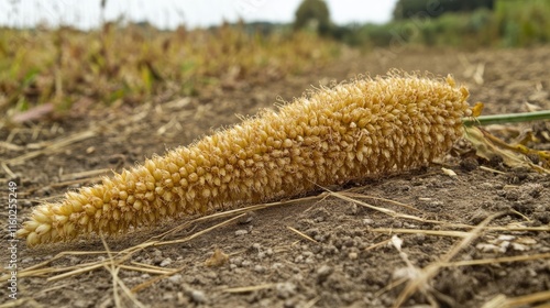 Ripening straw of Phleum medium genus displayed on dry soil in a field during the growing season under natural light conditions photo