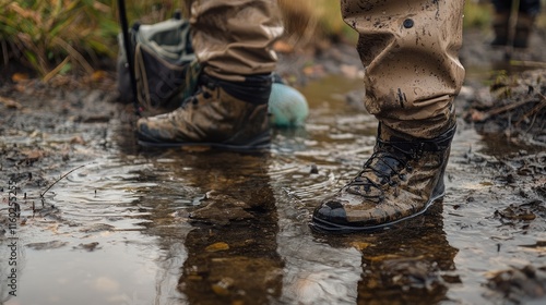 Waders and fishing boots submerged in muddy water showcasing outdoor adventure and sport fishing equipment photo