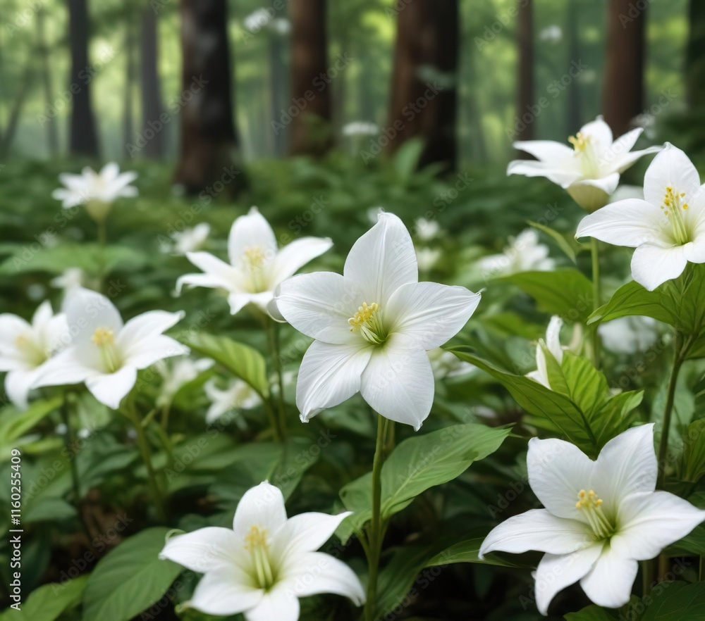 Close-up of white blooming trillium flowers in lush green forest, nature, beautiful, woodland Close-up of white blooming trillium flowers in lush green forest, nature, beautiful, woodland