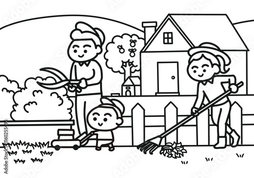 Family cutting grass at the garden.