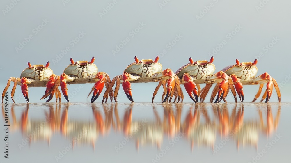 Fototapeta premium Five Crabs Walking in Formation on a Sandy Beach
