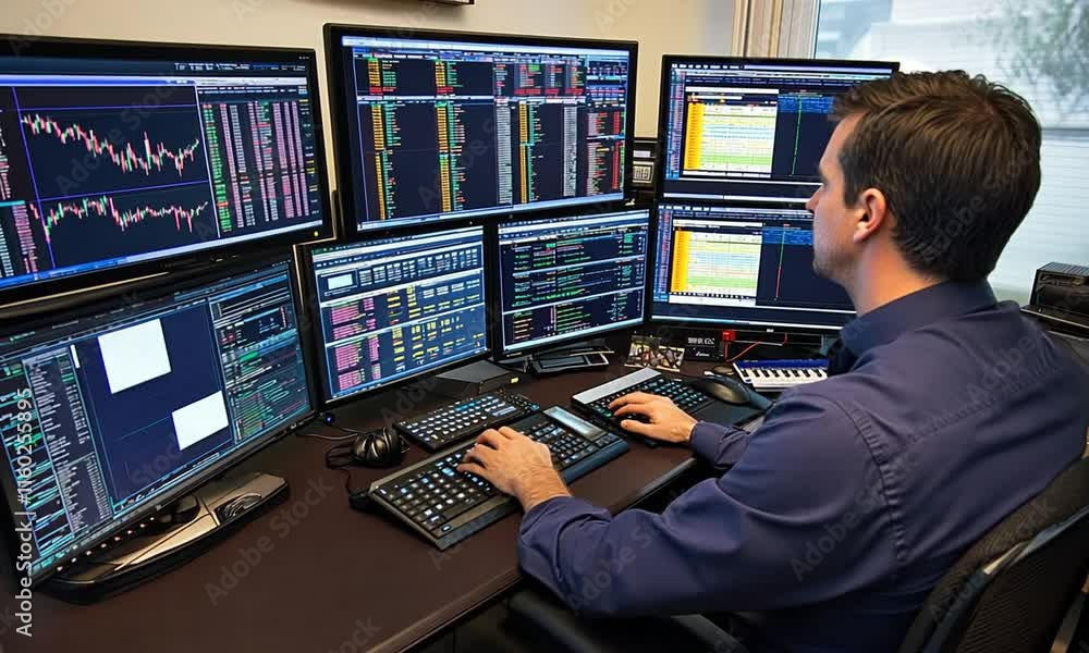 A trader analyzes financial data on multiple screens in a modern office setup. A trader analyzes financial data on multiple screens in a modern office setup.
