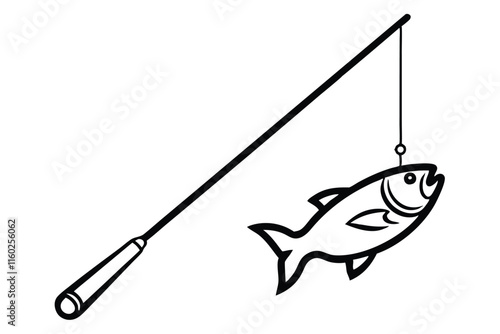 Fishing rod with fish line art vector illustration