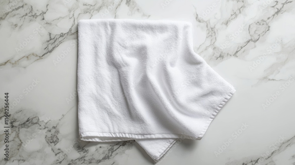 Obraz premium White tea towel mockup on marble surface ideal for spa and kitchen displays with water splash effect for creative advertising applications