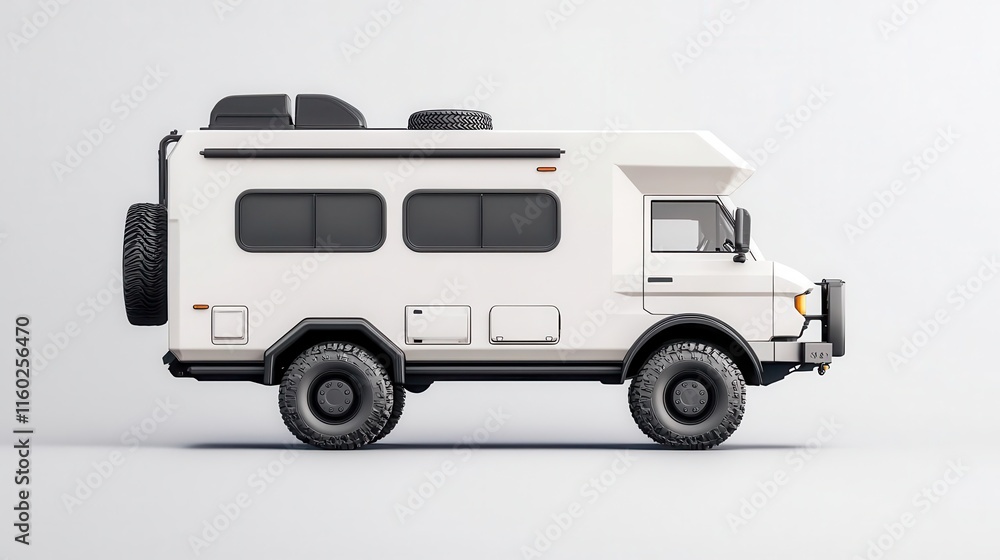 A rugged expedition RV blueprint with oversized tires and reinforced exterior A rugged expedition RV blueprint with oversized tires and reinforced exterior