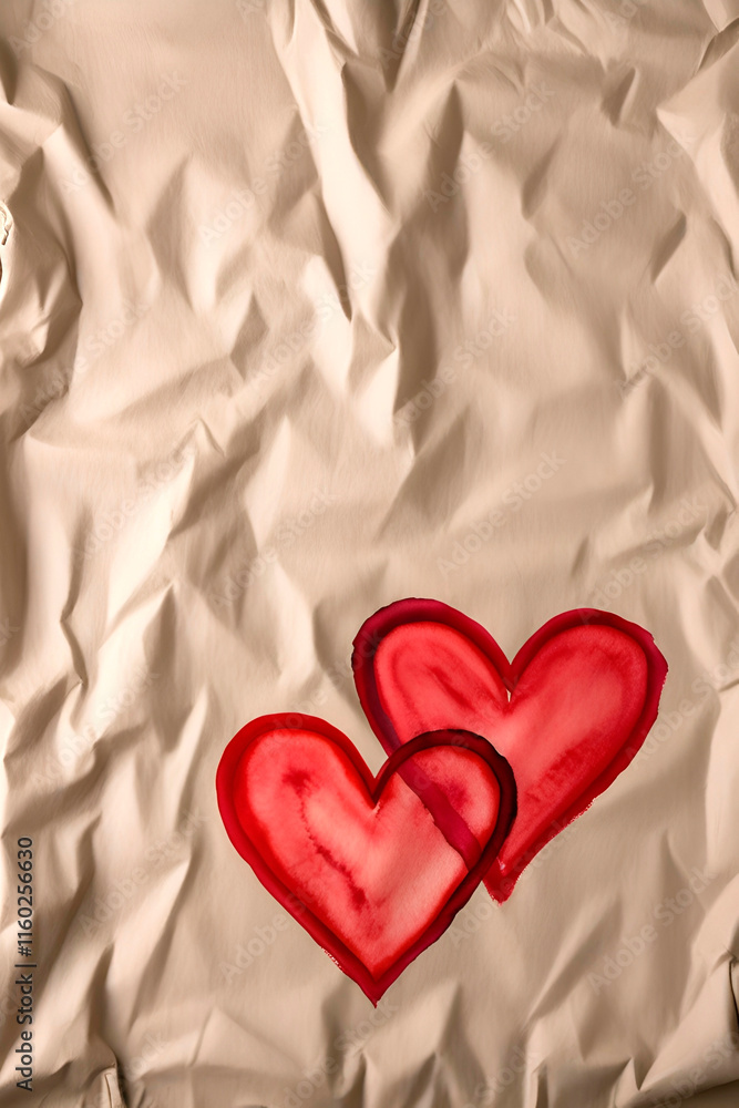 Background made of crumpled craft paper with 2 painted red hearts. Background made of crumpled craft paper with 2 painted red hearts.
