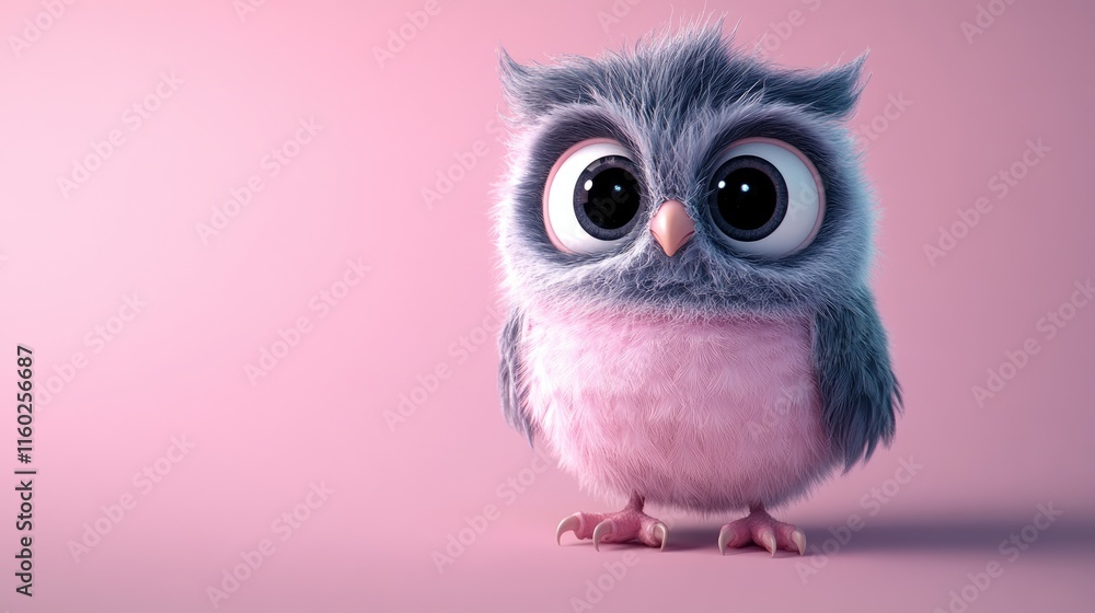 Fototapeta premium Cute Cartoon Owl with Big Eyes on Pink Background