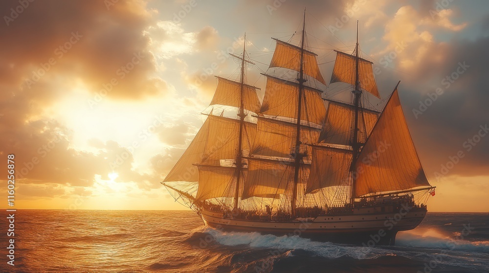 Obraz premium Sunset sailship ocean journey golden hour.
