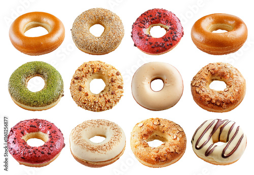 Top-down View of Decorated Donuts on Transparent Background
