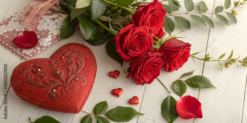 Romantic Red Roses and Hearts on a White Wooden Surface Romantic Red Roses and Hearts on a White Wooden Surface