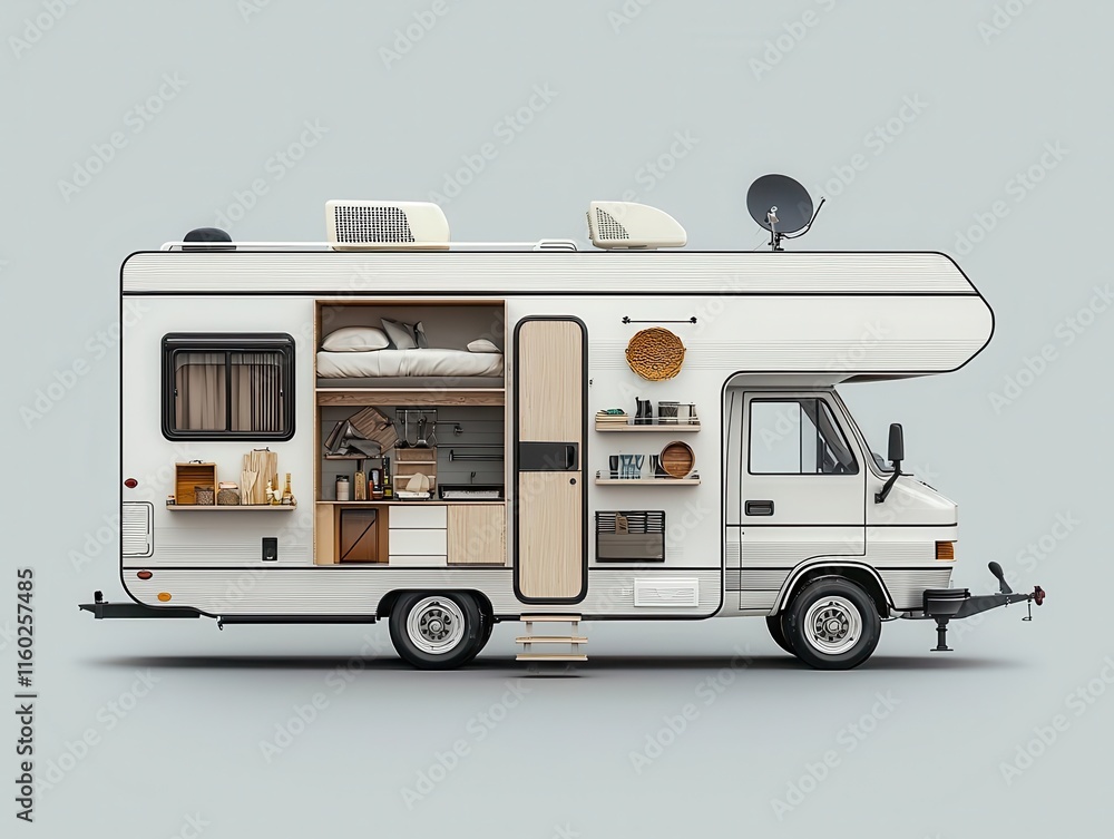 Naklejka premium A familysized RV blueprint featuring bunk beds and a full kitchen setup