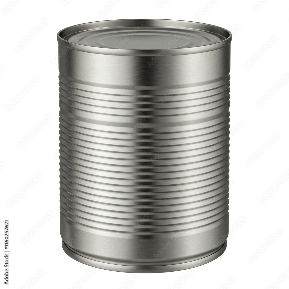 A silver ridged metal can with a smooth top, on a white background. A silver ridged metal can with a smooth top, on a white background.