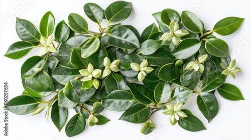 Green glossy Hawaiian Hoya houseplant flat lay with thick waxy leaves and buds care tips on white background for gardening enthusiasts