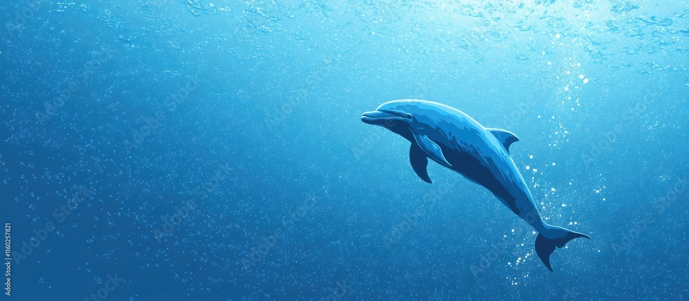 Naklejka premium Dolphin Gliding Through Clear Blue Waters with Inviting Negative Space for Text and Design Elements