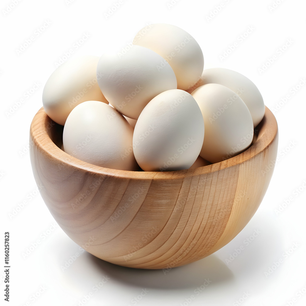 Fresh Eggs in a Wooden Bowl Against White Background Fresh Eggs in a Wooden Bowl Against White Background