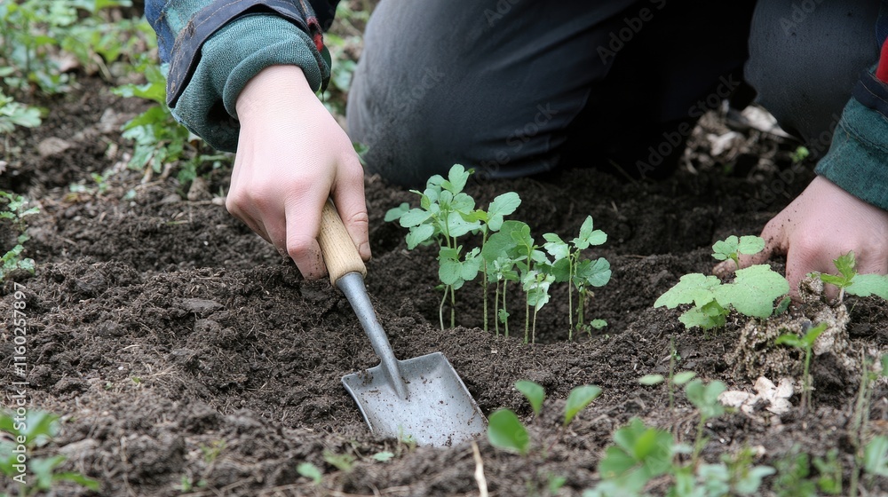 Fototapeta premium Gardener planting young seedlings in soil using a small shovel cultivating growth in a lush green garden environment