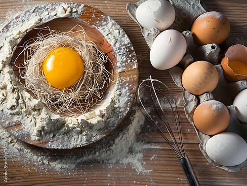 Wooden table with baking ingredients, eggs in a nest of flour, whisk nearby, perfect for recipe ideas. photo