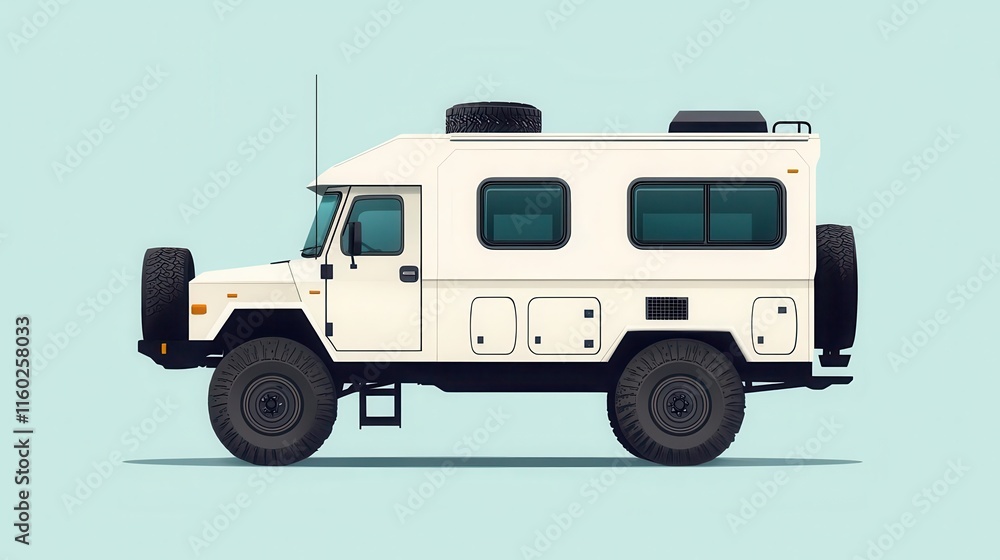 A rugged expedition RV blueprint with oversized tires and reinforced exterior A rugged expedition RV blueprint with oversized tires and reinforced exterior