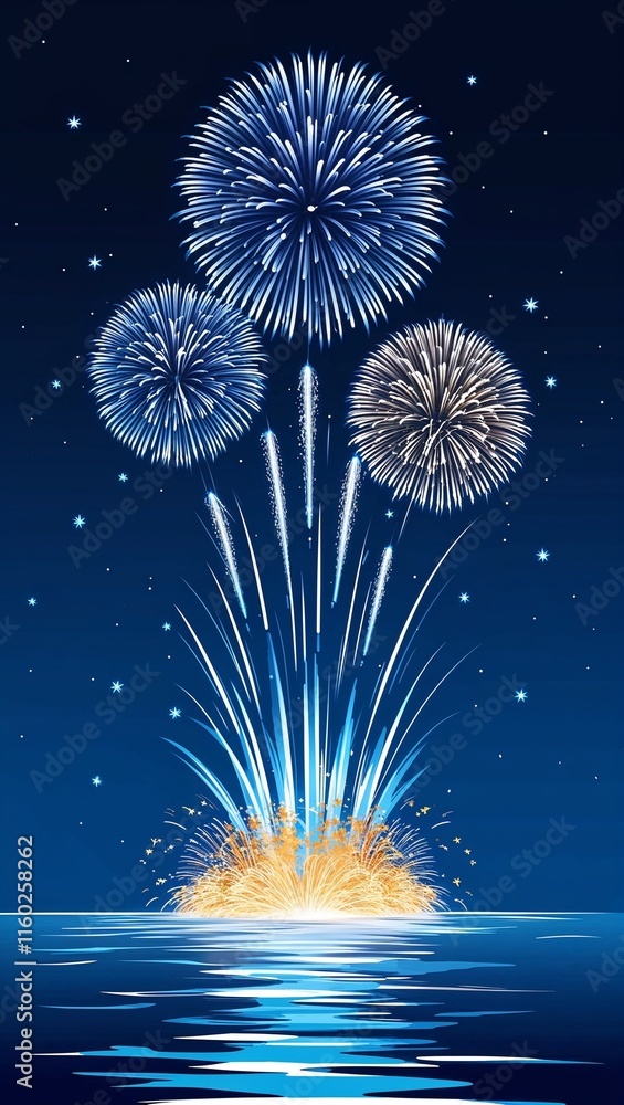 Fototapeta premium Launching blue fireworks to represent peace and calm as the New Year begins
