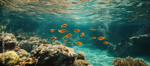 Fototapeta Naklejka Na Ścianę i Meble -  Vibrant underwater scene featuring colorful coral reef teeming with fish and sea stars in clear turquoise water ideal for promotional use