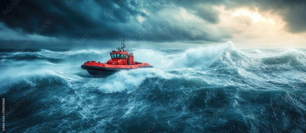 Naklejka premium Rescue boat braving turbulent ocean waves under stormy skies with space for text placement