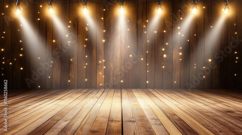 Wallpaper Mural String lights illuminating a wooden plank stage with soft bokeh effect for a warm and inviting ambiance portfolio background Torontodigital.ca
