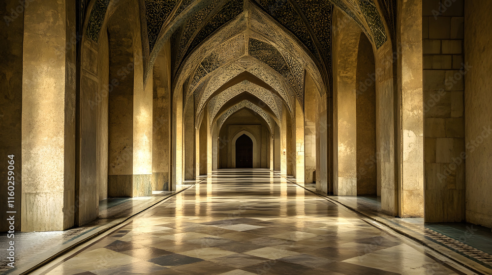 Fototapeta premium Architectural Marvel of Ancient Mosque Corridor with Intricate Arches and Decorative Patterns : Generative AI