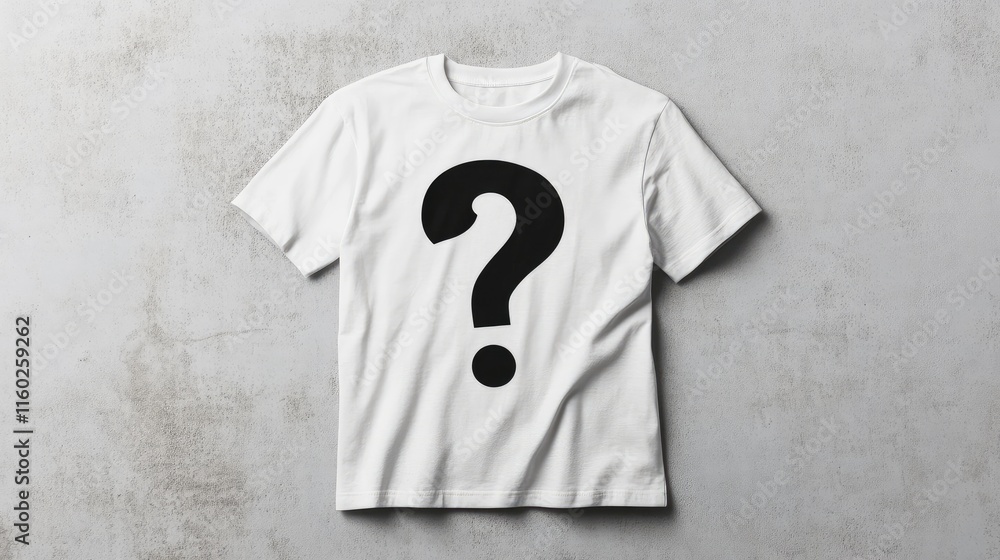 Stylish white t-shirt mockup featuring bold black question mark graphic for creative fashion design inspiration and apparel branding. Stylish white t-shirt mockup featuring bold black question mark graphic for creative fashion design inspiration and apparel branding.