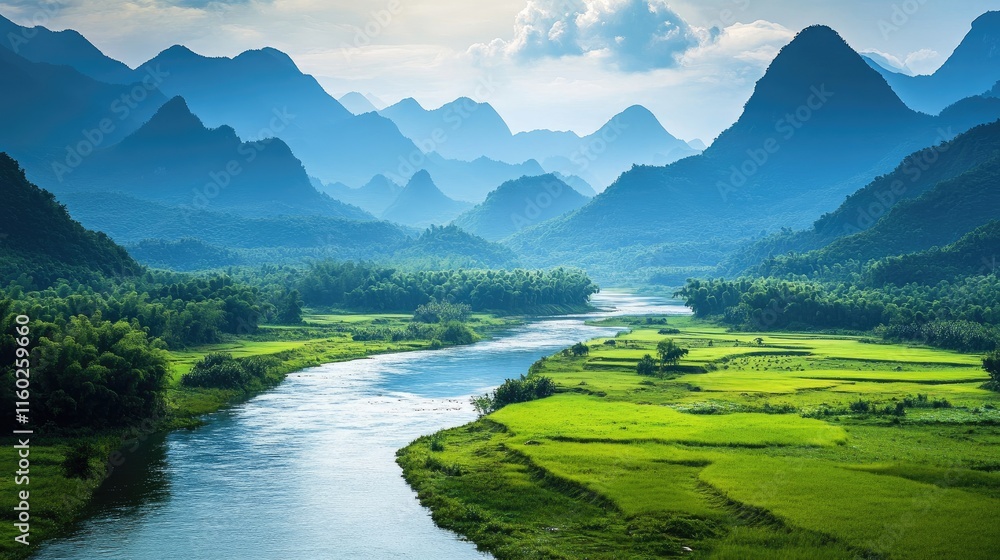 Fototapeta premium Serene river meandering through lush green countryside with majestic mountains in the background under a vibrant sky.