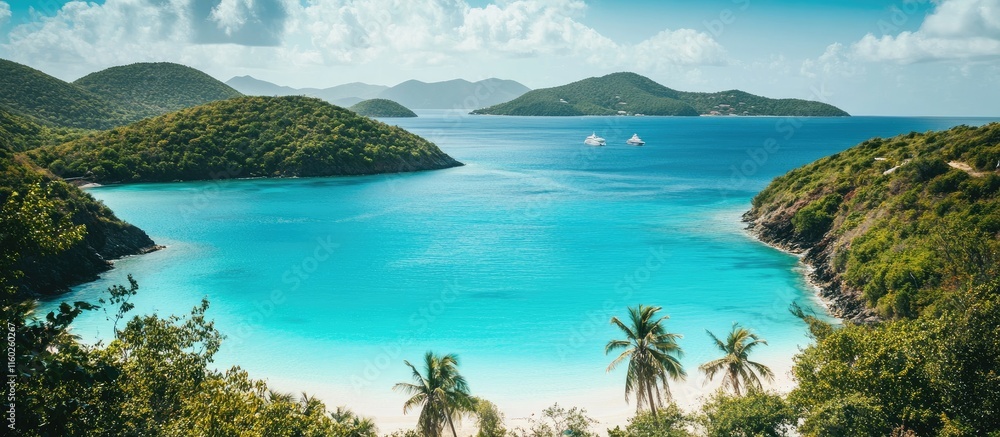 Fototapeta premium Caribbean island paradise featuring turquoise water, lush greenery, and palm trees creating a serene tropical landscape for tranquil backgrounds