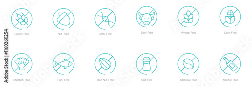 Gluten-Free, Nut-Free, GMO-Free, Beef-Free, Wheat-Free, Corn-Free, Shellfish-Free, Fish-Free, Tree Nut-Free, Salt-Free, Caffeine-Free, and Alcohol-Free Vector Icon Set for Allergy-Friendly and Clean 
