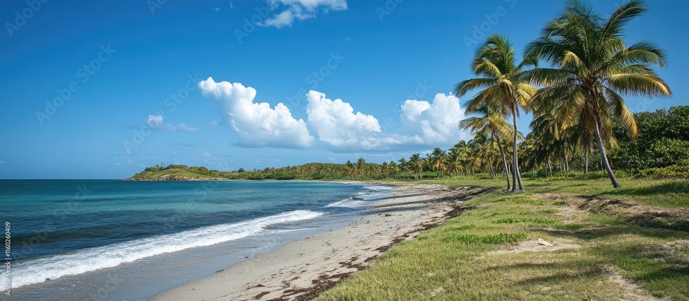 Serene Caribbean Beach Scene with Palm Trees and Tranquil Waves Ideal for Travel and Tropical Themes