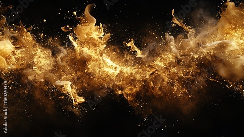 Abstract gold fire and smoke explosion on black background.