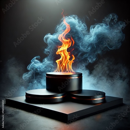 Fire and smoke rising from a burning podium at dark backdrop photo