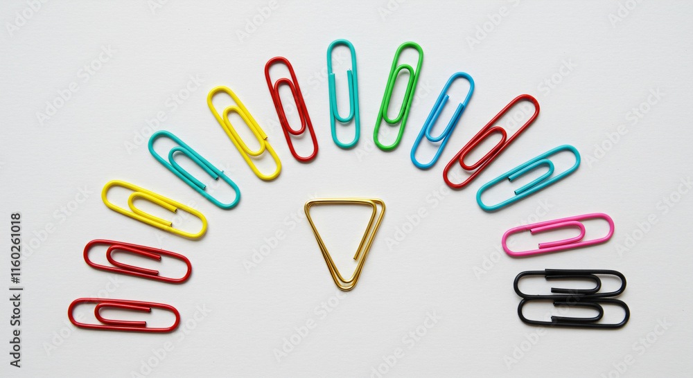 A variety of colorful paperclips arranged in a semicircle with gold triangular ones in the center. A variety of colorful paperclips arranged in a semicircle with gold triangular ones in the center.